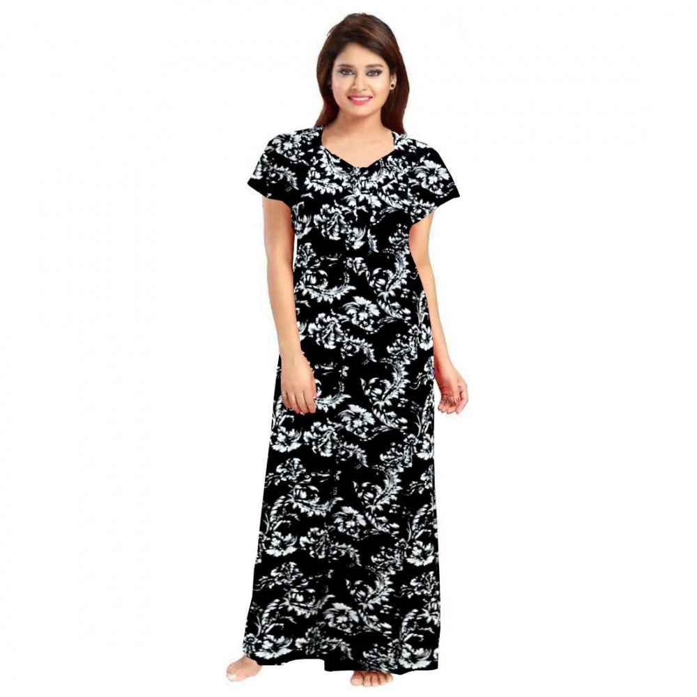 Women's Cotton Printed Maxi Nighty (Black)