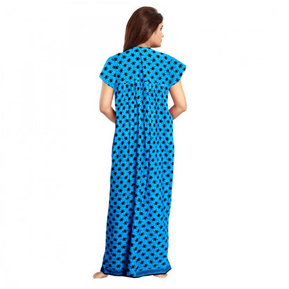 Women's Cotton Printed Maxi Nighty (Aqua Blue)