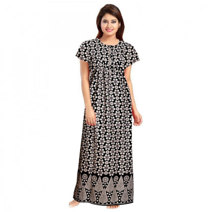 Women's Cotton Printed Maxi Nighty (Black)