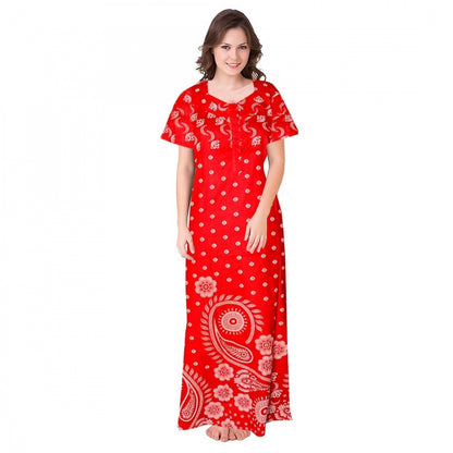 Women's Cotton Printed Maxi Nighty (Red)