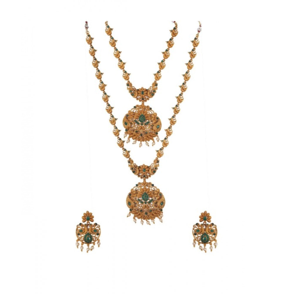 Generic Women's Elegent And Modern Double Line Temple Jewellery Set (Green, Free Size)