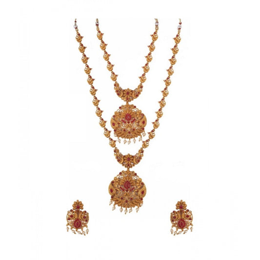 Generic Women's Elegent And Modern Double Line Temple Jewellery Set (Red, Free Size)