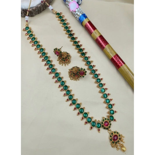 Generic Women's Classic Copper Kempu Haram Jewellery Set (Green, Free Size)