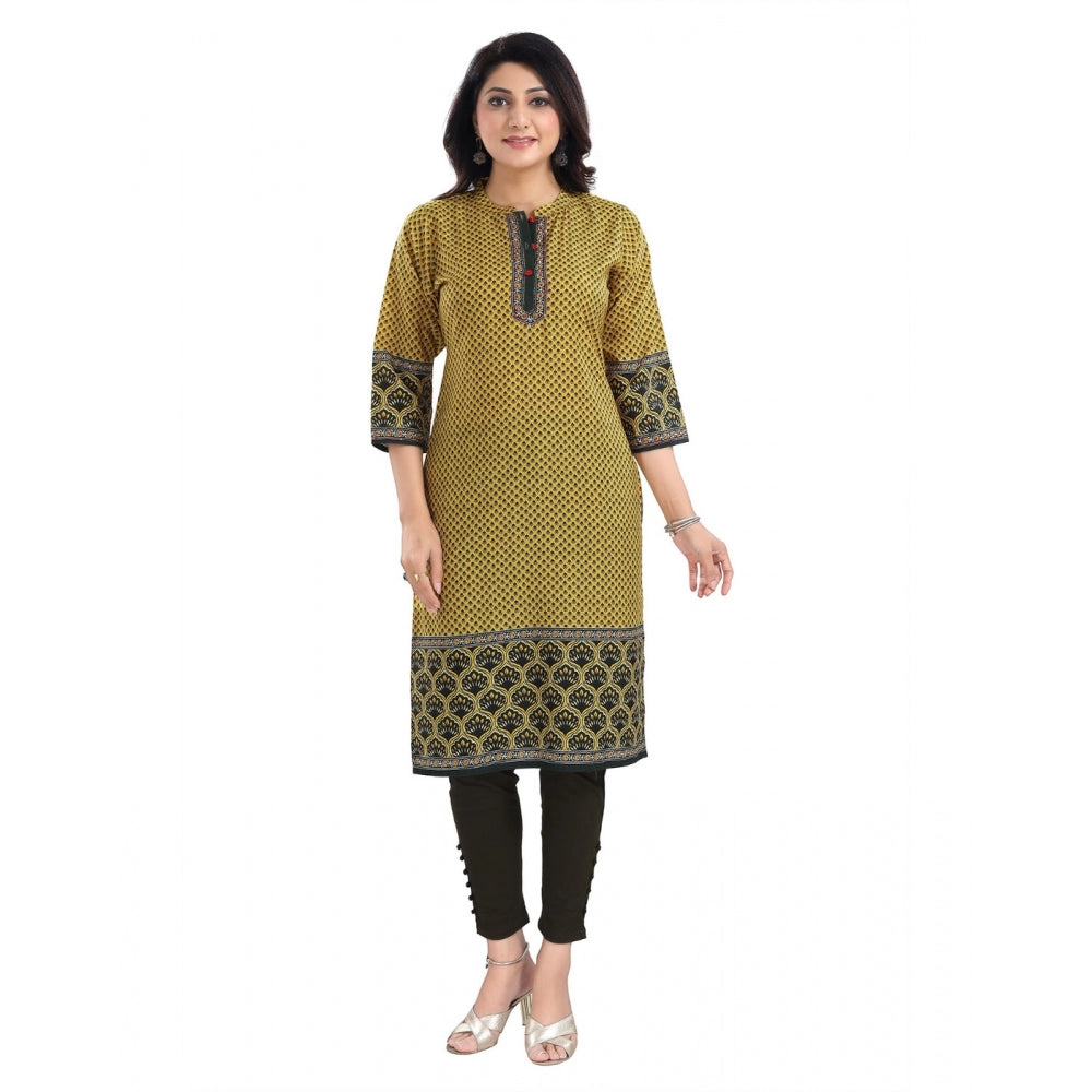 Generic Women's 3/4th Sleeve Cotton Blend Tunic Long Kurti (Yellow)