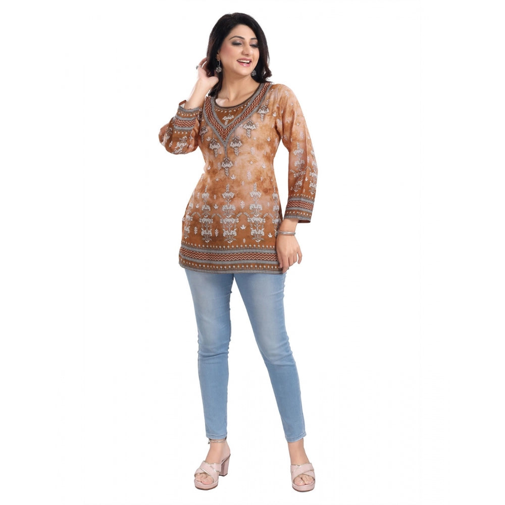 Women's 3/4th Sleeve Faux Crepe Tunic Short Top (Light Brown)