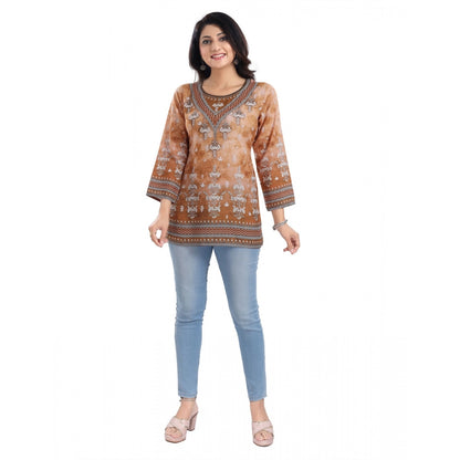 Women's 3/4th Sleeve Faux Crepe Tunic Short Top (Light Brown)