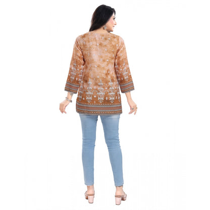 Women's 3/4th Sleeve Faux Crepe Tunic Short Top (Light Brown)