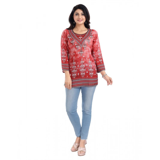 Women's 3/4th Sleeve Faux Crepe Tunic Short Top (Red)