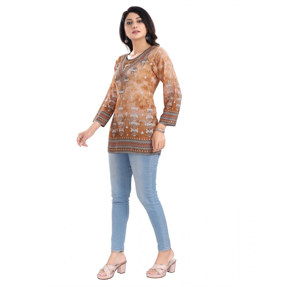 Women's 3/4th Sleeve Faux Crepe Tunic Short Top (Light Brown)