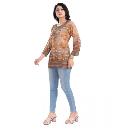 Women's 3/4th Sleeve Faux Crepe Tunic Short Top (Light Brown)