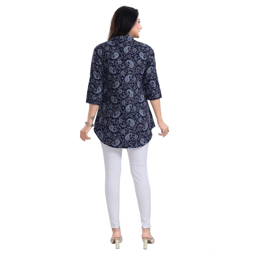 Women's 3/4th Sleeve Polyester Tunic Short Top (Blue)