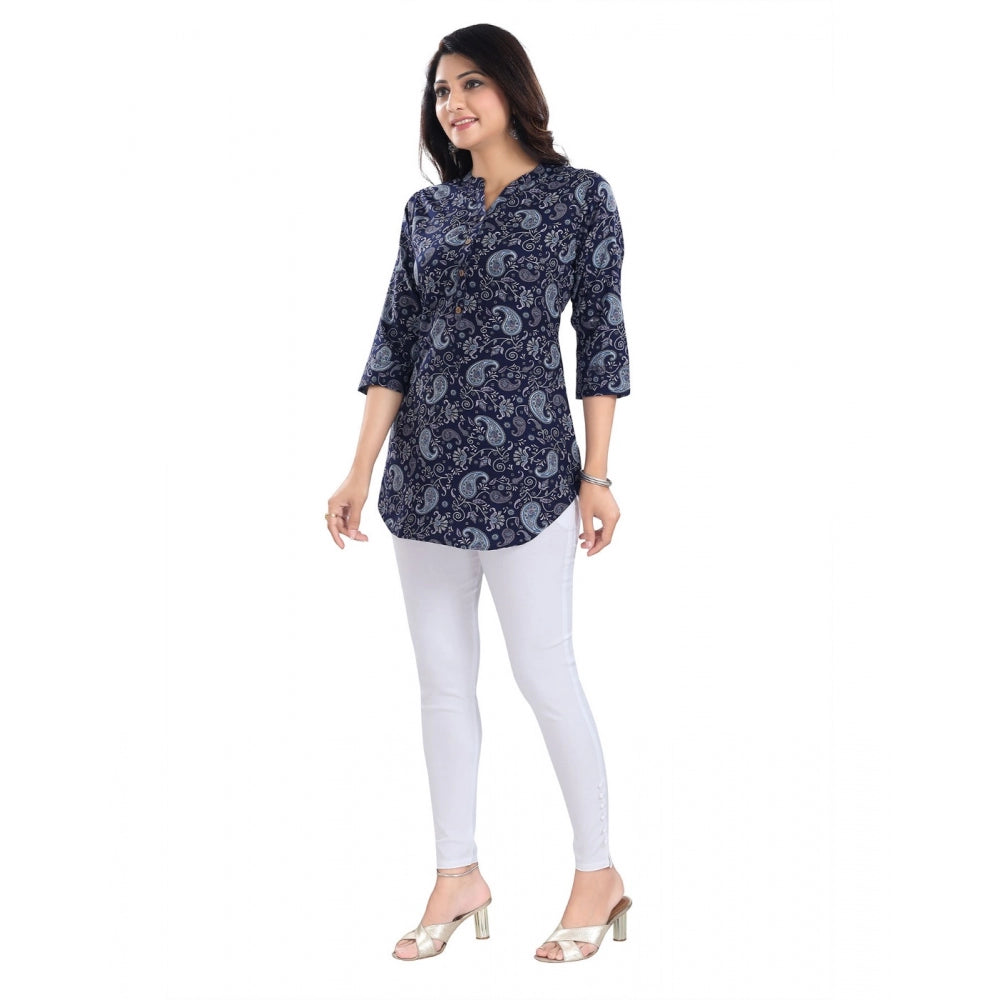 Women's 3/4th Sleeve Polyester Tunic Short Top (Blue)