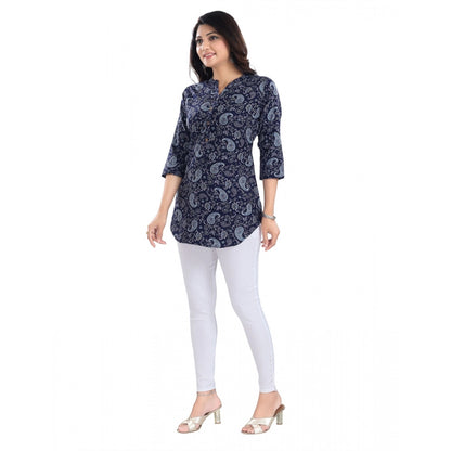 Women's 3/4th Sleeve Polyester Tunic Short Top (Blue)