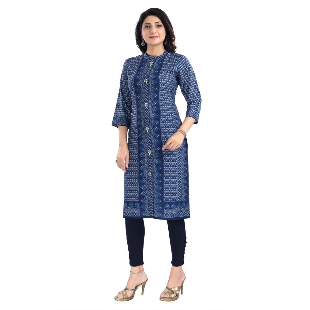 Generic Women's 3/4th Sleeve Cotton Blend Tunic Long Kurti (Blue)