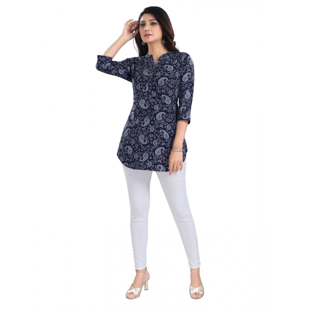 Women's 3/4th Sleeve Polyester Tunic Short Top (Blue)