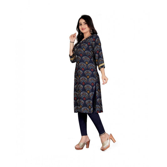 Women's Rayon Foil Printed Straight Kurti (Navy Blue)