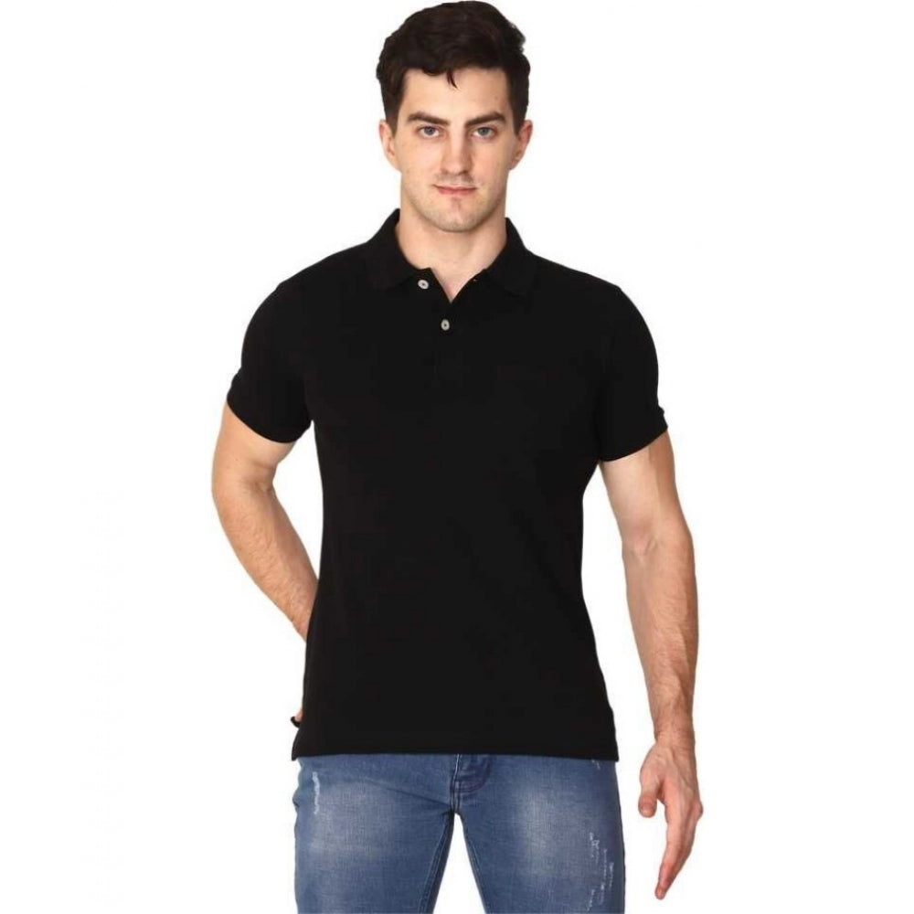 Men's Half Sleeve Polo Collar Cotton T Shirt (Black)