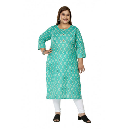 Generic Women's Casual 3/4th Sleeve Ikkat Printed Pure Cotton Straight Kurti (Turquoise)