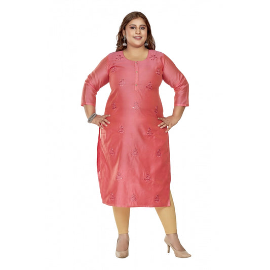 Generic Women's Casual 3/4th Sleeve Mirror Embroidered Rayon Straight Kurti (Pink)