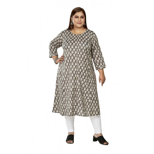 Generic Women's Casual 3/4th Sleeve Printed Pure Cotton Prince Cut A-Line Kurti (Grey)