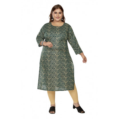 Generic Women's Casual 3/4th Sleeve Golden Foil Printed Capsule Cotton Straight Kurti (Dark Green)