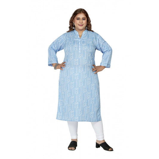 Generic Women's Casual 3/4th Sleeve Full printed Imported Synthetic Straight Kurti (Blue)