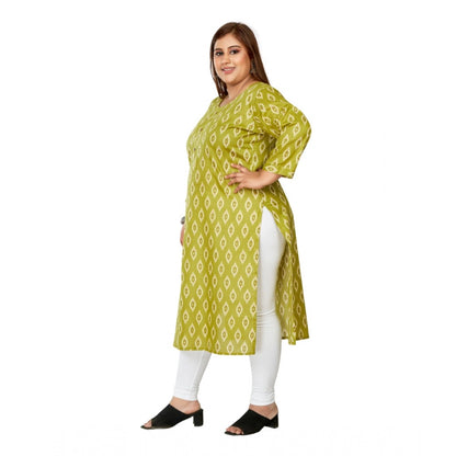 Generic Women's Casual 3/4th Sleeve Ikkat Printed Pure Cotton Straight Kurti (Pista Green)