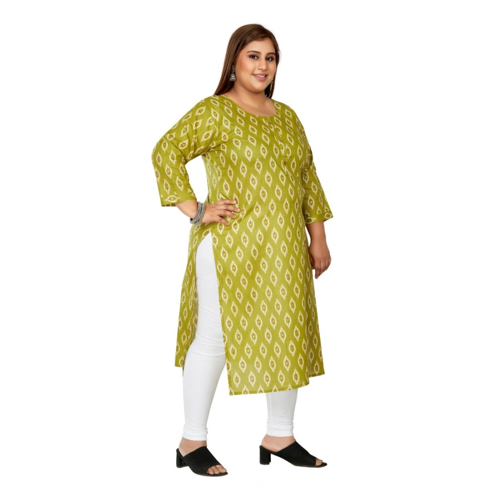 Generic Women's Casual 3/4th Sleeve Ikkat Printed Pure Cotton Straight Kurti (Pista Green)