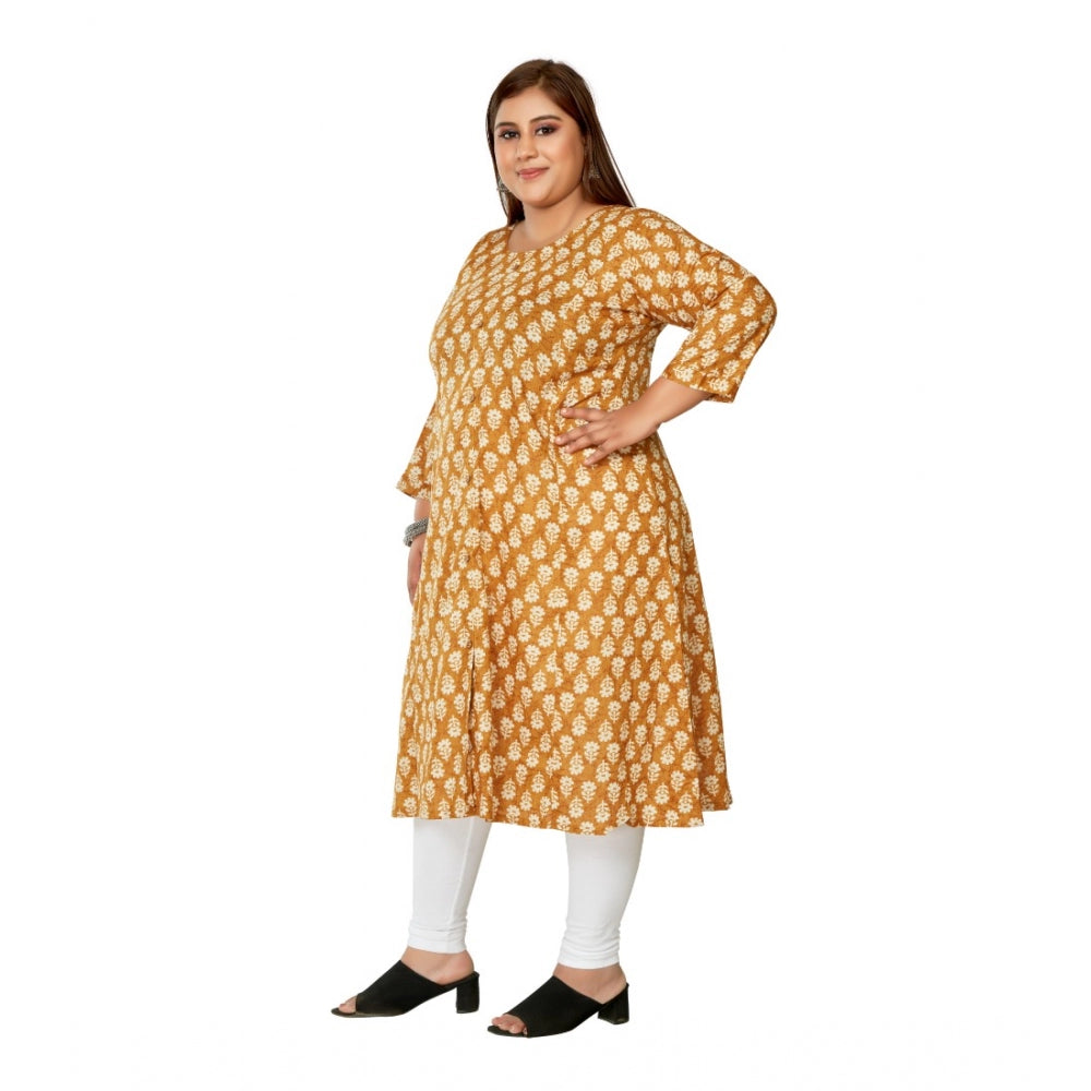 Generic Women's Casual 3/4th Sleeve Printed Pure Cotton Prince Cut A-Line Kurti (Mustard)