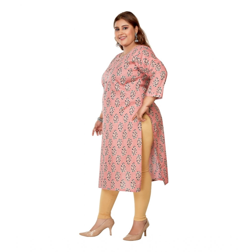 Generic Women's Casual 3/4th Sleeve Golden Foil Printed Pure Cotton Straight Kurti (Coral Pink)