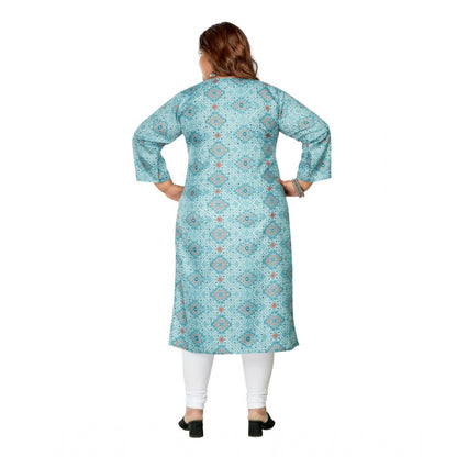 Generic Women's Casual 3/4th Sleeve Golden Foil Printed Rayon Straight Kurti (Blue)