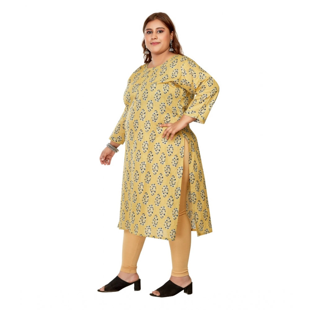 Generic Women's Casual 3/4th Sleeve Golden Foil Printed Pure Cotton Straight Kurti (Light Yellow)