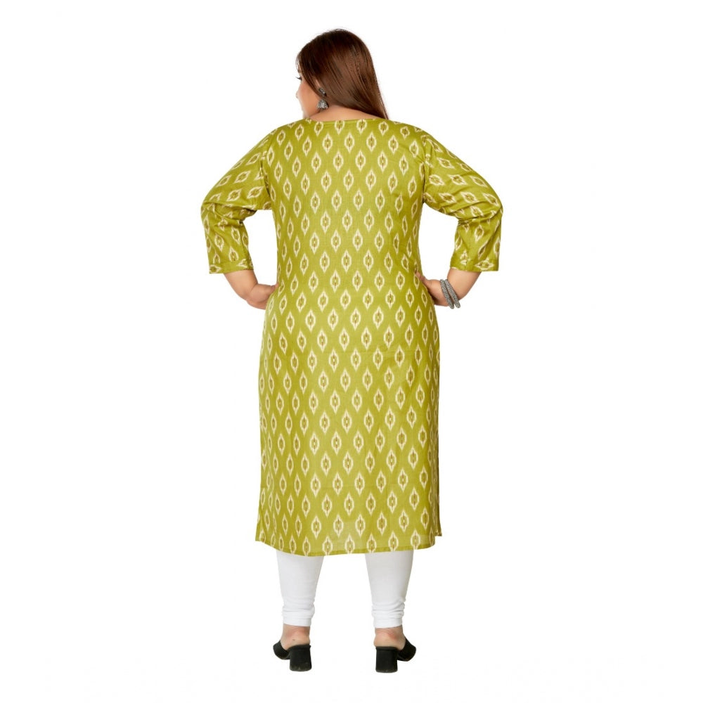 Generic Women's Casual 3/4th Sleeve Ikkat Printed Pure Cotton Straight Kurti (Pista Green)