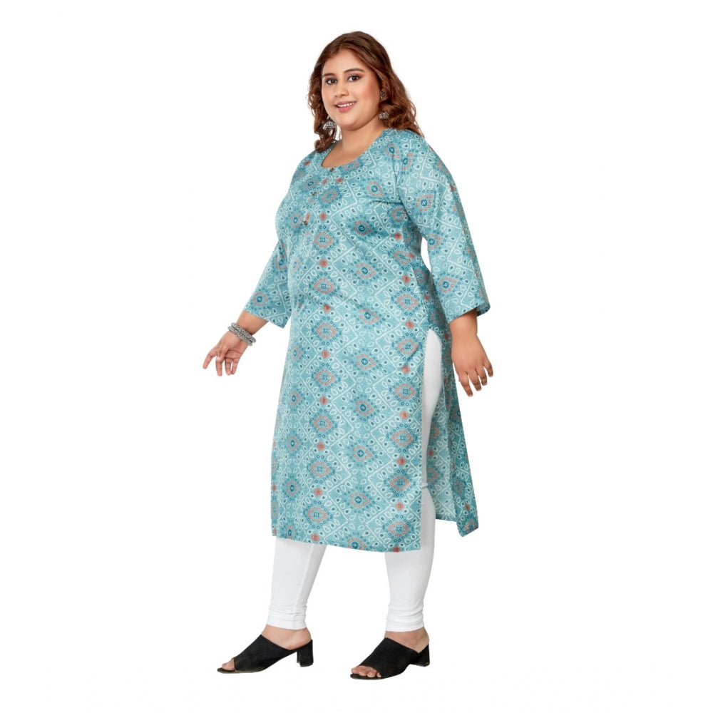 Generic Women's Casual 3/4th Sleeve Golden Foil Printed Rayon Straight Kurti (Blue)