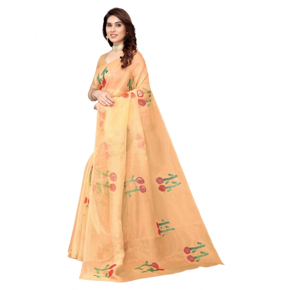 Women's Organza Floral Pattern Sarees (Orange, 5-6 Mtrs)