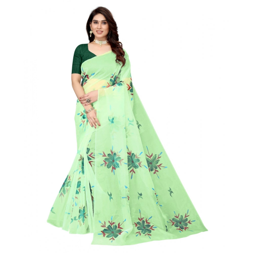 Women's Organza Floral Pattern Sarees (Parrot Green, 5-6 Mtrs)