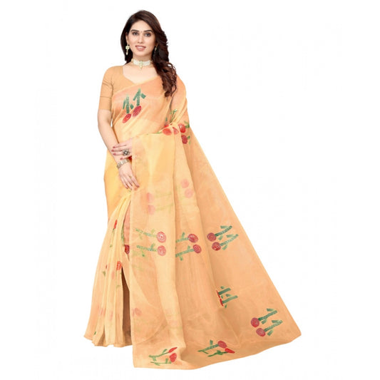 Women's Organza Floral Pattern Sarees (Orange, 5-6 Mtrs)