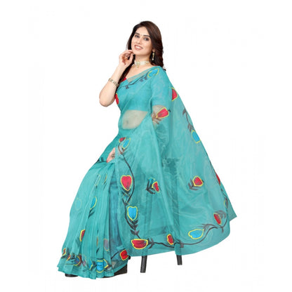 Women's Organza Floral Pattern Sarees (Rama, 5-6 Mtrs)