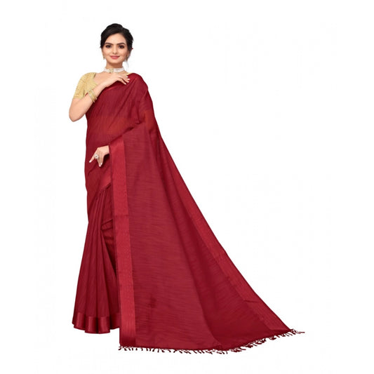 Women's Cotton Blend Stripe Pattern Sarees (Maroon, 5-6 Mtrs)