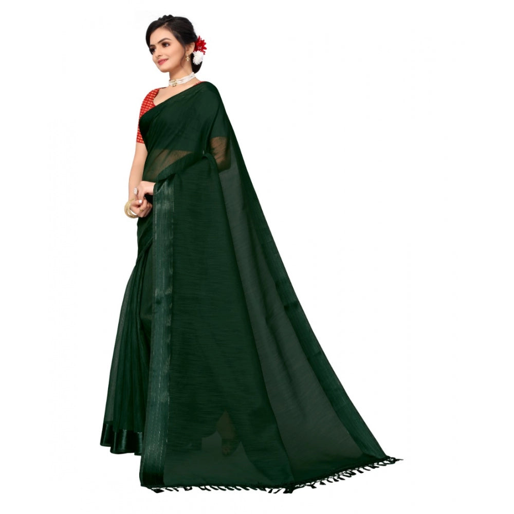 Women's Cotton Blend Stripe Pattern Sarees (Green, 5-6 Mtrs)