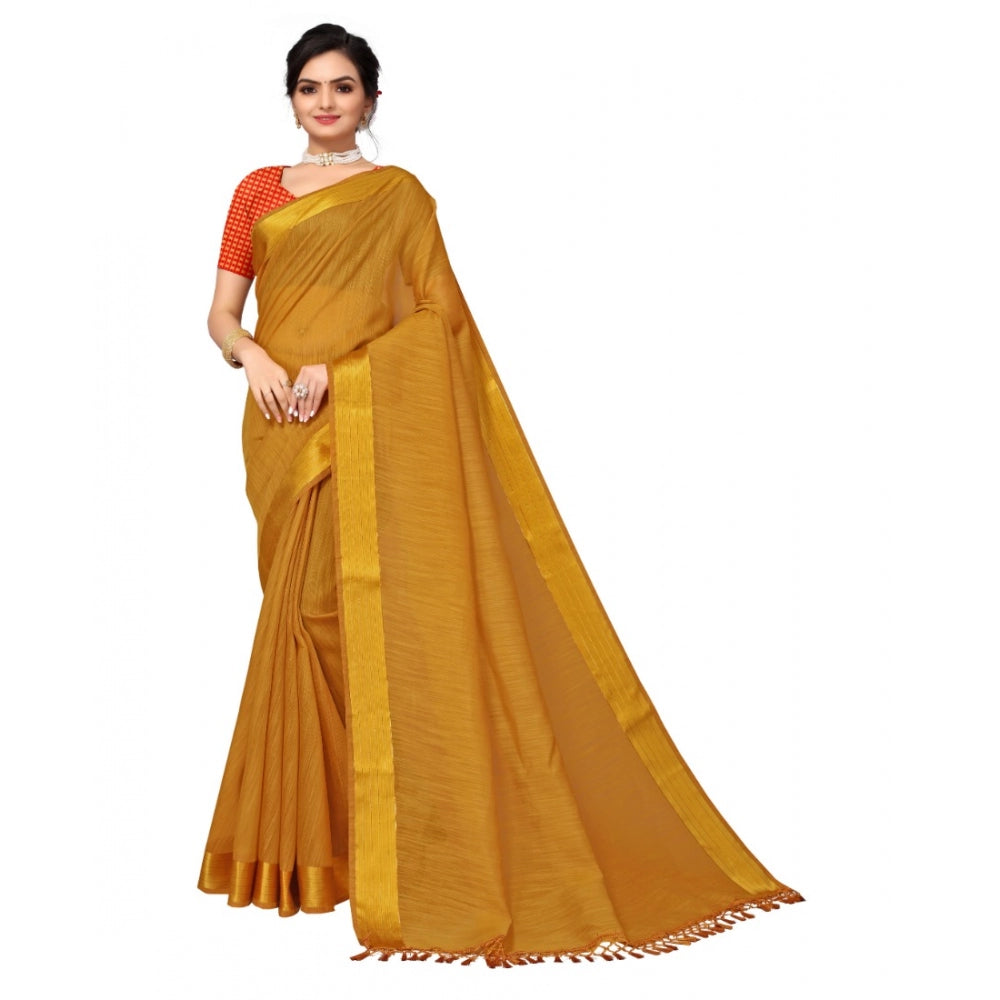 Women's Cotton Blend Stripe Pattern Sarees (Mustard, 5-6 Mtrs)