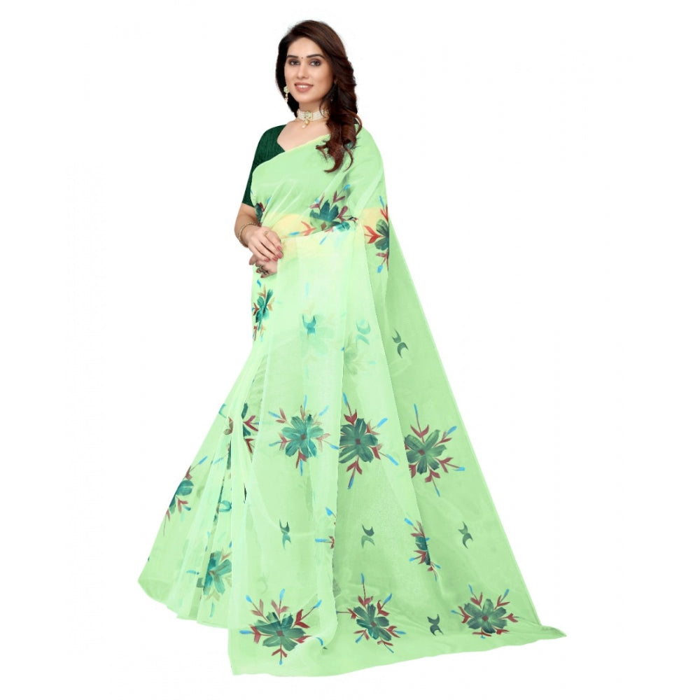 Women's Organza Floral Pattern Sarees (Parrot Green, 5-6 Mtrs)