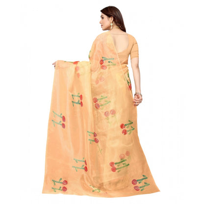 Women's Organza Floral Pattern Sarees (Orange, 5-6 Mtrs)