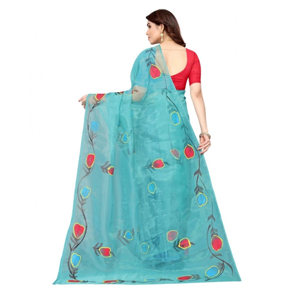 Women's Organza Floral Pattern Sarees (Rama, 5-6 Mtrs)