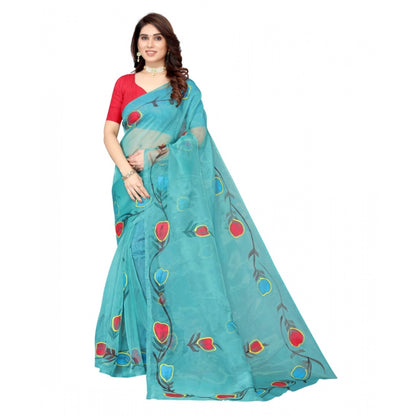 Women's Organza Floral Pattern Sarees (Rama, 5-6 Mtrs)