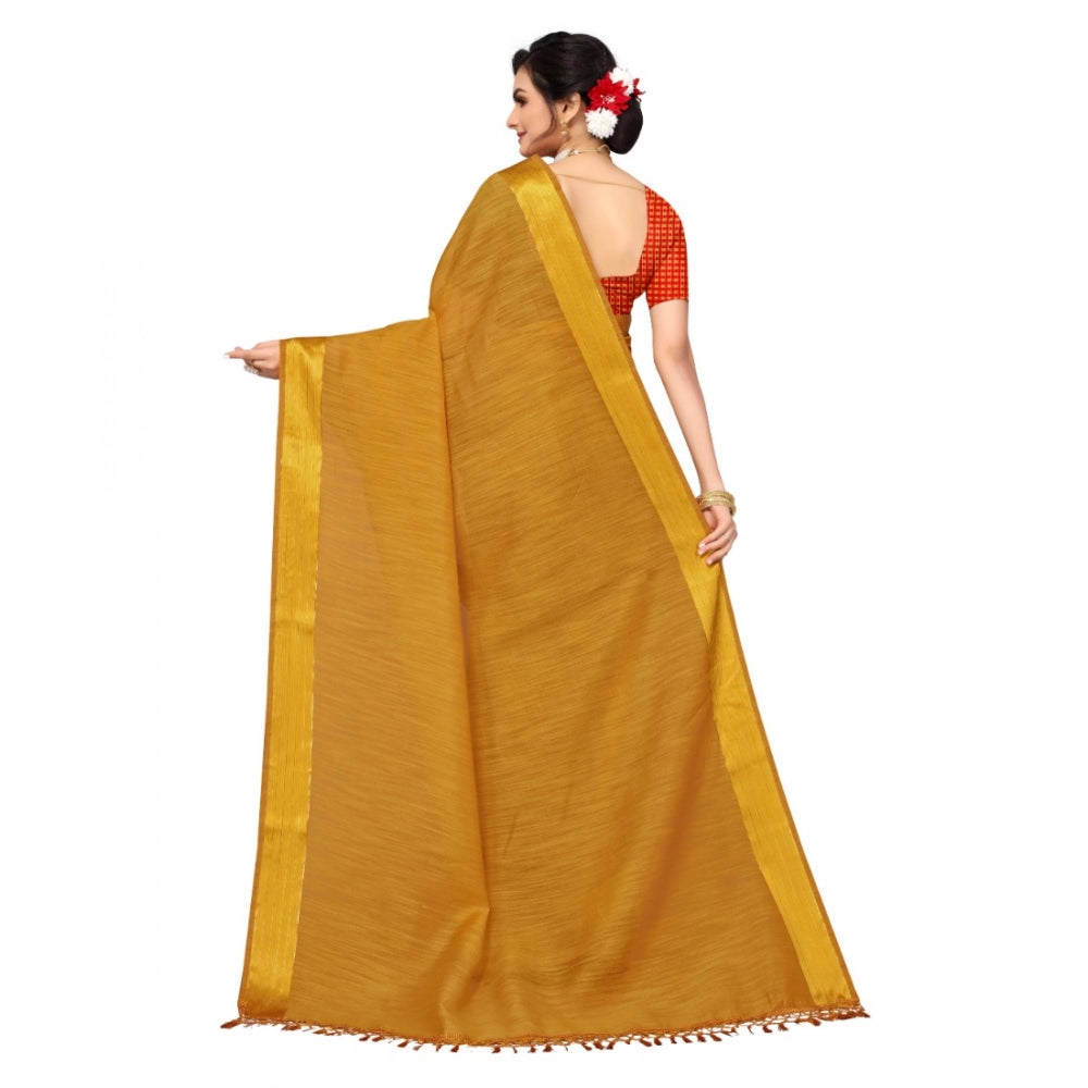 Women's Cotton Blend Stripe Pattern Sarees (Mustard, 5-6 Mtrs)