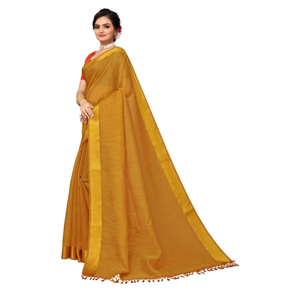 Women's Cotton Blend Stripe Pattern Sarees (Mustard, 5-6 Mtrs)