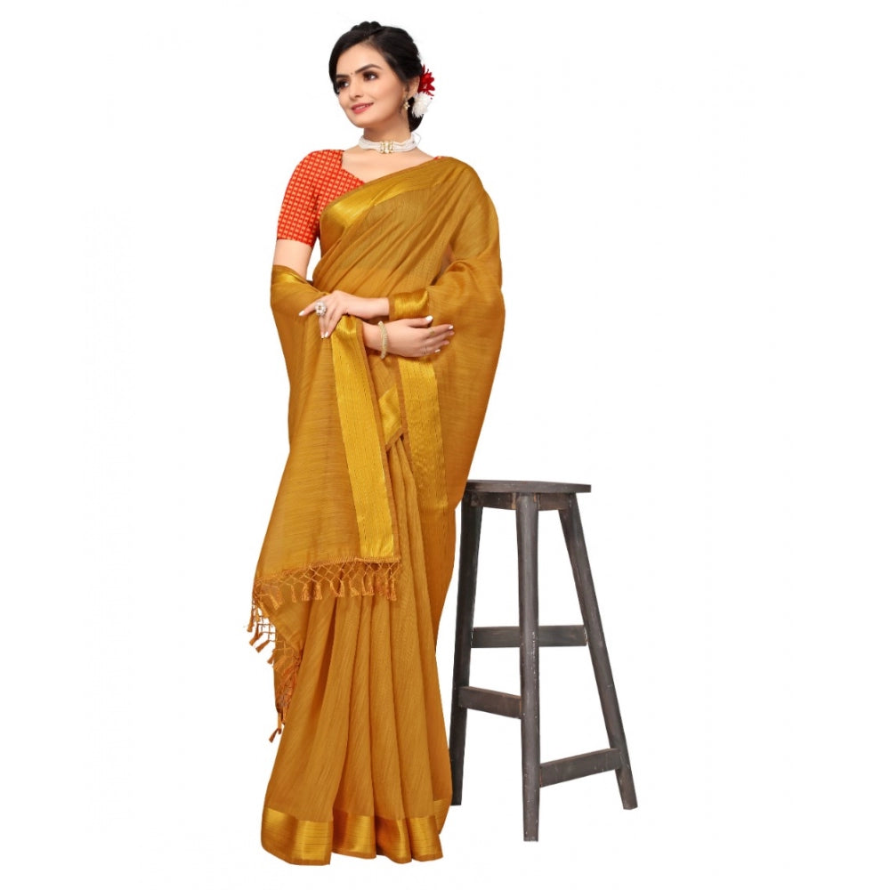 Women's Cotton Blend Stripe Pattern Sarees (Mustard, 5-6 Mtrs)