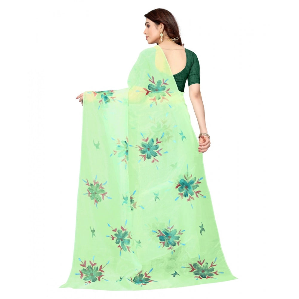 Women's Organza Floral Pattern Sarees (Parrot Green, 5-6 Mtrs)