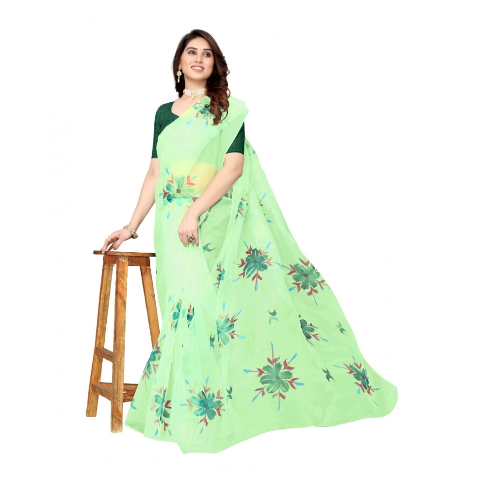 Women's Organza Floral Pattern Sarees (Parrot Green, 5-6 Mtrs)